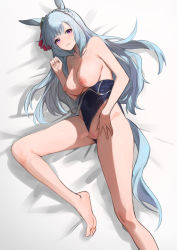 Rule 34 | 1girl, absurdres, animal ears, awei (aweirua), barefoot, blue hair, blue one-piece swimsuit, bow, braid, breasts, censored, clothes pull, ear ribbon, highres, horse ears, horse girl, horse tail, large breasts, legs, long hair, looking at viewer, lying, mejiro ardan (umamusume), mosaic censoring, nipples, on side, one-piece swimsuit, one-piece swimsuit pull, parted lips, purple eyes, pussy, red ribbon, ribbon, soles, solo, swimsuit, tail, thighs, toes, tracen swimsuit, umamusume