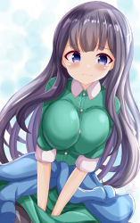 Rule 34 | 1girl, :i, black hair, black pantyhose, blue eyes, blush, breasts, breasts squeezed together, closed mouth, clothes around waist, collared dress, covering privates, covering crotch, dress, green dress, highres, large breasts, long hair, looking at viewer, misumi aoi, ongeki, pantyhose, pout, solo, very long hair, wavy mouth, xenon (for achieve)