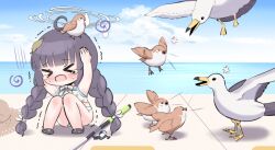 Rule 34 | &gt; &lt;, 1girl, :o, ahoge, anger vein, bird, black hair, blue archive, blue sky, blunt bangs, blurry, braid, chibi, cloud, cloudy sky, commentary request, crying, depth of field, fishing rod, hair ornament, hair ribbon, halo, hands on own head, horizon, ine (ineinnen), leaf hair ornament, long hair, low-tied long hair, low twintails, midriff, miyu (blue archive), miyu (swimsuit) (blue archive), ocean, official alternate costume, official alternate hairstyle, outdoors, ribbon, scared, seagull, sidelocks, sky, sleeveless, squatting, taking cover, tearing up, trembling, twin braids, twintails, xo