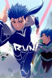 Rule 34 | 2boys, animal, aqua belt, aqua capelet, armor, belt, black bodysuit, blue bodysuit, blue hair, bodysuit, braid, braided ponytail, capelet, commentary request, cu chulainn (fate), cu chulainn (fate/stay night), dog, dual persona, earrings, echo (circa), english text, fate/grand order, fate/stay night, fate (series), hood, hood down, hooded capelet, jewelry, long hair, long sleeves, looking away, male focus, multiple boys, open mouth, pauldrons, ponytail, profile, red eyes, running, setanta (fate), shoulder armor, sweatdrop, tongue, tongue out, twitter username, white dog
