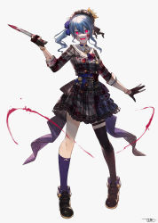 Rule 34 | 1girl, absurdres, asymmetrical legwear, beret, black legwear, blood, blood on clothes, blood on face, blue hair, commentary request, crazy smile, full body, gloves, grey hat, hair between eyes, hat, highres, hololive, hoshimachi suisei, hoshimachi suisei (1st costume), jun wei, knife, looking at viewer, red eyes, shoes, side ponytail, simple background, smile, solo, standing, uneven legwear, virtual youtuber, white background