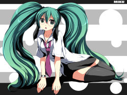 Rule 34 | 1girl, bad id, bad pixiv id, glasses, green eyes, green hair, hako, hatsune miku, long hair, matching hair/eyes, necktie, solo, thighhighs, twintails, very long hair, vocaloid, watch, wristwatch, xhacox