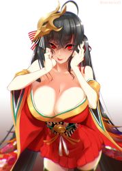 Rule 34 | 1girl, :p, absurdres, ahoge, azur lane, bare shoulders, black hair, black thighhighs, breasts, cleavage, collarbone, commentary request, grey background, hair ornament, highres, huge breasts, japanese clothes, kimono, long hair, looking at viewer, mattari yufi, solo, taihou (azur lane), thighhighs, tongue, tongue out, twintails, twitter username, white background