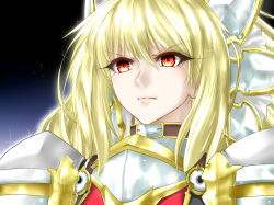 Rule 34 | 1girl, armor, blonde hair, breastplate, closed mouth, commentary request, eyelashes, frown, highres, minarai tenna, original, pauldrons, plate armor, red eyes, shoulder armor, solo, v-shaped eyebrows