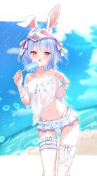 Rule 34 | 1girl, absurdres, animal ear fluff, animal ears, bikini, bikini skirt, blue hair, blush, brown eyes, clothes lift, collarbone, cowboy shot, cropped legs, food, frilled bikini, frills, highleg, highleg bikini, highres, holding, holding food, holding popsicle, hololive, leg ribbon, looking at viewer, midriff, navel, nishiki yuno, off shoulder, official alternate costume, official alternate hairstyle, open mouth, outdoors, popsicle, rabbit-shaped pupils, rabbit ears, rabbit girl, ribbon, see-through clothes, see-through shirt, shirt, shirt lift, short eyebrows, side-tie bikini bottom, sky, solo, swimsuit, symbol-shaped pupils, thick eyebrows, thigh ribbon, usada pekora, usada pekora (summer), virtual youtuber, visor cap, water, wet, white bikini, white shirt