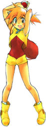 Rule 34 | 1girl, alternate costume, arms behind head, artist request, backpack, bag, bare shoulders, boots, creatures (company), full body, game freak, green eyes, holding, holding poke ball, lowres, misty (pokemon), nintendo, open mouth, orange hair, poke ball, pokemon, pokemon (anime), pokemon rse (anime), shorts, side ponytail, simple background, solo, vest, white background