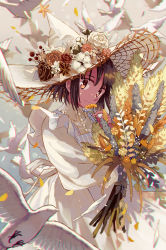 Rule 34 | 1girl, animal, apron, bird, bob cut, bouquet, brown eyes, brown flower, brown hair, brown rose, closed mouth, collared dress, cowboy shot, dove, dress, feathers, flat chest, flower, from side, hat, hat flower, hat ornament, highres, hinata (echoloveloli), holding, holding flower, long hair, long sleeves, looking at viewer, original, petals, puffy long sleeves, puffy sleeves, rose, short hair, smelling flower, smile, solo, sparkle, star (symbol), star hat ornament, wheat, white apron, white dress, white flower, white hat, white rose, witch, witch hat, yellow dress, yellow flower