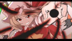 Rule 34 | 1girl, :d, arm up, ascot, blonde hair, breasts, collared shirt, crystal, flandre scarlet, frilled skirt, frills, hat, hat ribbon, highres, holding, laevatein (touhou), looking at viewer, mob cap, open mouth, puffy short sleeves, puffy sleeves, reaching, reaching towards viewer, red eyes, red skirt, red vest, ribbon, shinmon akika, shirt, short hair, short sleeves, side ponytail, skirt, skirt set, small breasts, smile, solo, touhou, v-shaped eyebrows, vest, wings, yellow ascot
