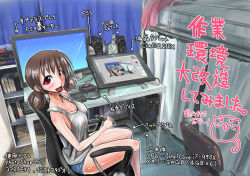 Rule 34 | 1girl, blush, breasts, brown hair, cat, computer, female focus, indoors, keyboard (computer), legs, open mouth, red eyes, sakazaki freddy, shirt, shorts, sitting, smile, solo