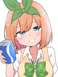 Rule 34 | 1girl, blue eyes, blush, bow, breasts, can, collared shirt, commentary request, dress shirt, eyebrows hidden by hair, go-toubun no hanayome, green bow, green ribbon, grin, hair between eyes, hair ribbon, hand up, holding, holding can, kujou karasuma, looking at viewer, medium breasts, nakano yotsuba, orange hair, ribbon, shirt, short sleeves, simple background, smile, solo, sweater vest, upper body, white background, white shirt