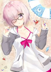 Rule 34 | 1girl, 7 calpis 7, :o, animal, bare shoulders, black-framed eyewear, blush, bow, breasts, cleavage, collarbone, crab, dress, fate (series), from above, glasses, glowing, hair over one eye, highres, holding, innertube, jacket, long sleeves, looking at viewer, looking up, lying, mash kyrielight, mash kyrielight (swimsuit of perpetual summer), medium breasts, off shoulder, official alternate costume, on back, open clothes, open jacket, open mouth, outdoors, pink bow, pink hair, purple eyes, saint quartz (fate), sand, seashell, shell, short hair, sleeveless, sleeveless dress, solo, sundress, swim ring, tareme, unzipped, upper body, water, white dress, white jacket, zipper