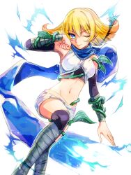Rule 34 | 1girl, blonde hair, blue eyes, blue scarf, electricity, highres, kid icarus, kid icarus uprising, looking at viewer, midriff, navel, nintendo, one eye closed, phosphora, plant, scarf, shorts, solo, vines, white shorts, yutapo