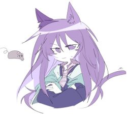 Rule 34 | 1other, androgynous, animal ears, aqua capelet, ascot, blue jacket, capelet, cat ears, cat tail, clause (len&#039;en), closed mouth, collared shirt, colored skin, commentary, crossed arms, english commentary, jacket, kemonomimi mode, len&#039;en, ling s, long hair, long sleeves, mouse (animal), no nose, other focus, pink ascot, pink shirt, purple eyes, purple hair, shirt, simple background, single eyebrow, solo, sweat, tail, white background, white skin