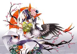 Rule 34 | 1girl, bare shoulders, bird, bow, bug, butterfly, cherry blossoms, detached sleeves, eagle, floral print, flower, hair bow, hair flower, hair ornament, hair stick, hair tubes, hakurei reimu, half-closed eyes, insect, katana, long hair, long sleeves, looking back, parted lips, peony print, purple eyes, purple hair, solo, spider lily, sword, touhou, tree, tsurukame, very long hair, weapon, wide sleeves