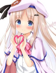 Rule 34 | 1girl, bat hair ornament, beret, blonde hair, blue eyes, bow, bowtie, cape, collared shirt, dress shirt, hair ornament, hat, highres, kudpoid (71139), large buttons, little busters!, long hair, noumi kudryavka, pink bow, pink bowtie, school uniform, shirt, simple background, solo, upper body, white background, white cape, white hat, white shirt