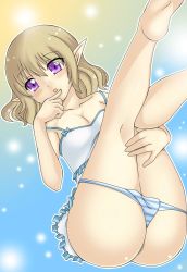 Rule 34 | 10s, ass, barefoot, breasts, brown hair, dmayaichi, elf, flat chest, highres, lucca sarlinen, lying, on back, panties, pointy ears, purple eyes, seikoku no dragonar, simple background, small breasts, striped clothes, striped panties, thighs, underwear