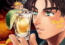 Rule 34 | 2boys, :/, alcohol, bad id, bad pixiv id, blonde hair, brown hair, caesar anthonio zeppeli, cup, drink, drinking glass, english text, food, fruit, glass, green eyes, hat, holding, holding cup, jojo no kimyou na bouken, joseph joestar, joseph joestar (young), ky (ssswonderful), lime (fruit), male focus, multiple boys, top hat, winged hair ornament