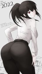 Rule 34 | 1girl, 2022, ass, black hair, blossom hope, breasts, formal, from behind, heterochromia, highres, huge ass, large breasts, leaning, leaning forward, long hair, looking at viewer, looking back, new year, pants, ponytail, profanity, red eyes, shirt, sideboob, solo, takamiya misaki, thick thighs, thighs, tight clothes, tight pants, white eyes, woomler
