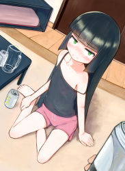 Rule 34 | 1girl, 1other, barefoot, beer can, beer mug, black camisole, black hair, blunt bangs, blush, camisole, can, cup, drink can, drunk, feet, flat chest, full body, green eyes, highres, indoors, long hair, looking at viewer, mug, on floor, original, pink shorts, pov, pov hands, sanchi chokusou, santyoku, short shorts, shorts, sitting, smile, solo focus, strap slip, table, toes