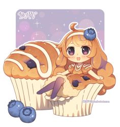 Rule 34 | 1girl, :d, ahoge, artist name, blueberry, blueberry hair ornament, blush, brown dress, brown hair, chibi, dav-19, dress, food, food-themed clothes, food-themed hair ornament, fruit, full body, hair ornament, hairband, lace background, long hair, looking at viewer, muffin, no shoes, open mouth, original, outstretched arms, over-kneehighs, personification, puffy short sleeves, puffy sleeves, purple eyes, purple thighhighs, short sleeves, sitting, smile, solo, thighhighs, transparent background, very long hair, watermark, web address, white hairband