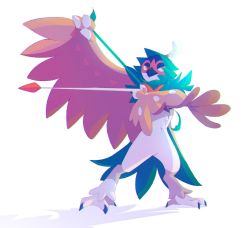 Rule 34 | arm up, arrow (projectile), claws, closed mouth, commentary, creatures (company), decidueye, feyzi, full body, game freak, gen 7 pokemon, highres, holding, legs apart, nintendo, no humans, pokemon, pokemon (creature), red pupils, simple background, solo, standing, talons, white background