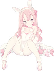 Rule 34 | 1girl, anal tail, animal ears, blade (galaxist), blush, breasts, coat, earrings, fake animal ears, fake tail, grey eyes, highres, jewelry, leotard, long hair, looking at viewer, original, pale skin, parted lips, pink hair, pom pom (clothes), rabbit ears, rabbit tail, reclining, short eyebrows, simple background, sitting, small breasts, solo, stud earrings, tail, white background, white coat, white leotard