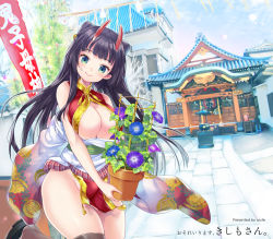 Rule 34 | 1girl, bare shoulders, black hair, black thighhighs, breasts, chinese clothes, cleavage, cleavage cutout, clothing cutout, day, demon girl, female focus, flower, green eyes, head tilt, highres, horns, large breasts, long hair, looking at viewer, miyano ururu, no bra, no panties, oni, original, outdoors, plant, pointy ears, revealing clothes, shrine, smile, solo, standing, thighhighs, thighs