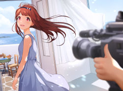 Rule 34 | 1girl, :d, basket, blunt bangs, camera, chair, curtains, door, dress, hair blowing, hairband, hanamasa ono, highres, idolmaster, idolmaster million live!, light blush, light particles, long hair, looking at viewer, looking back, ocean, open mouth, red eyes, red hair, seaside, sleeveless, sleeveless dress, smile, sundress, table, tanaka kotoha, thumbs up, water, white dress, window