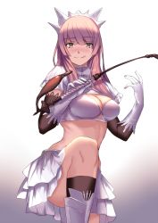 Rule 34 | 1girl, :q, black socks, blush, breasts, brown eyes, cleavage, fate/grand order, fate (series), gloves, highres, holding, holding riding crop, karlwolf, kneehighs, large breasts, leg up, licking lips, long hair, looking at viewer, medb (fate), midriff, naughty face, pink hair, riding crop, skindentation, skirt, smile, socks, solo, thighs, tongue, tongue out, whip, white gloves