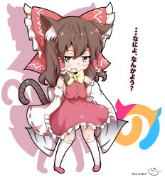 Rule 34 | 10s, 1girl, animal ears, annoyed, artist name, blush, bow, bowtie, brown hair, cat ears, cat tail, chibi, coreytaiyo, fang, hair bow, hair tubes, hakurei reimu, hand on own hip, highres, japari symbol, kemono friends, kemonomimi mode, large bow, long hair, looking at viewer, mary janes, pigeon-toed, red eyes, red footwear, shoes, signature, skirt, skirt set, socks, solo, striped, tabby cat, tail, touhou, twitter username, vest
