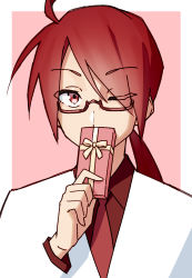 Rule 34 | 1boy, ahoge, border, box, commentary, covering own mouth, formal, gift, glasses, highres, holding, holding box, holding gift, kasane ted, long hair, male focus, necktie, one eye closed, ponytail, red-framed eyewear, red background, red eyes, red hair, red necktie, red shirt, semi-rimless eyewear, shirt, solo, suit, upper body, utau, white border, white day, white suit, yasutange