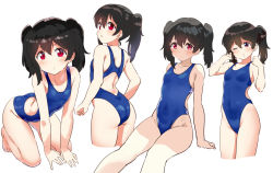 Rule 34 | 10s, 1girl, ;o, all fours, ass, bare arms, bare shoulders, black hair, blue one-piece swimsuit, competition swimsuit, cropped legs, highleg, highleg swimsuit, kurokawa makoto, long hair, looking at viewer, love live!, love live! school idol project, multiple views, one-piece swimsuit, one eye closed, red eyes, simple background, sitting, swimsuit, twintails, white background, yazawa nico