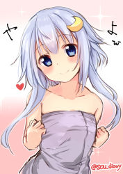 Rule 34 | 1girl, bare shoulders, blue eyes, blush, closed mouth, collarbone, commentary request, crescent, crescent hair ornament, hair between eyes, hair ornament, kantai collection, long hair, looking at viewer, naked towel, purple hair, short hair, short hair with long locks, simple background, smile, solo, sou (soutennkouchi), towel, yayoi (kancolle)