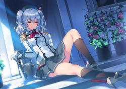 Rule 34 | 10s, 1girl, beret, blue eyes, breasts, employee uniform, epaulettes, frilled sleeves, frills, hat, kantai collection, kashima (kancolle), kerchief, long hair, military, military uniform, silver hair, sitting, solo, tousaki umiko, twintails, uniform, watering can, wavy hair