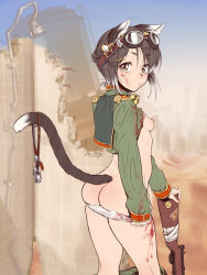 Rule 34 | 1girl, animal ears, ass, black hair, blood, breasts, brown eyes, butt crack, cat ears, cat tail, clothes pull, dog tags, female soldier, goggles, goggles on head, gun, looking at viewer, looking back, military, military uniform, nipples, original, panties, pants, pants pull, panty pull, petite, puffy nipples, rifle, short hair, showering, sideboob, small breasts, smiley face, soldier, solo, tail, underwear, uniform, weapon, white panties, xxzero