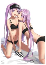 Rule 34 | 2girls, absurdres, all fours, back, bed sheet, black bra, black panties, black ribbon, bra, breasts, commentary request, euryale (fate), fang, fate/grand order, fate (series), frilled bra, frilled panties, frills, from behind, hairband, headdress, unworn headwear, highres, lolita hairband, long hair, looking at viewer, looking back, medium breasts, multiple girls, navel, on bed, open mouth, panties, purple eyes, purple hair, ribbon, siblings, sisters, sitting, smile, stheno (fate), tearing up, twins, twintails, underwear, underwear only, wariza, white background, xkirara39x