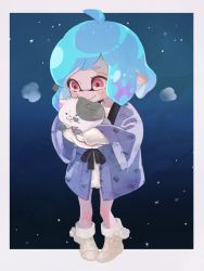 Rule 34 | 1girl, animal, ankle boots, aqua hair, blue kimono, blunt bangs, boots, breath, cat, closed mouth, commentary, dress, full body, holding, holding animal, inkling, inkling girl, inkling player character, japanese clothes, kimono, li&#039;l judd (splatoon), long sleeves, medium hair, night, night sky, nintendo, pointy ears, red eyes, short dress, sky, smile, solo, splatoon (series), splatoon 2, star (sky), starry sky, sweater, sweater dress, tentacle hair, ueda kou, white dress, white footwear, wide sleeves, yukata