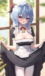 Rule 34 | 1girl, aamana0, ahoge, apron, bell, blue hair, blush, bow, breasts, cleavage, clothes lift, cowboy shot, ganyu (genshin impact), genshin impact, highres, horns, large breasts, lifting own clothes, long hair, looking at viewer, maid, maid apron, maid headdress, neck bell, open mouth, paid reward available, purple eyes, sidelocks, skirt, skirt lift, smile, solo, standing, thighhighs, tree, white thighhighs, window