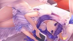 Rule 34 | 1girl, blue bow, book, bow, breasts, crescent, crescent hat ornament, dress, hat, hat ornament, highres, holding, holding book, long hair, looking at viewer, lying, lzh, mob cap, on side, patchouli knowledge, purple eyes, purple hair, solo, striped clothes, striped dress, thighs, touhou, vertical stripes
