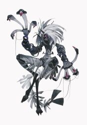 Rule 34 | bandaid, claws, digitigrade, full body, grey hair, highres, horns, kamikiririp, large hands, mechanical parts, nail, open mouth, original, sharp teeth, smile, solo, tail, teeth, white background, white eyes, white hair, wire