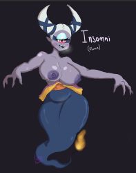 Rule 34 | 1girl, breasts, breath, character name, demon girl, english text, flame-tipped tail, full body, fuumin (youkai watch), ghost tail, highres, horns, kuroi fuumin, large breasts, monster girl, nipples, no humans, one-eyed, topless, white hair, wide hips, youkai watch