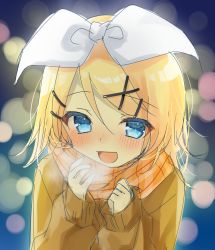 Rule 34 | 1girl, amane (amnk1213), blonde hair, blush, bow, breath, city lights, hair bow, hair ornament, hairclip, half-closed eyes, highres, kagamine rin, looking at viewer, night, open mouth, pov, scarf, short hair, sketch, smile, solo, sparkle background, sparkling eyes, sweater, vocaloid, winter clothes