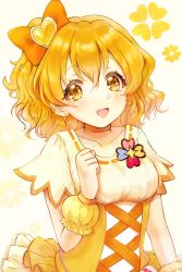 Rule 34 | 1girl, :d, bow, choker, collarbone, colored eyelashes, cure pine, earrings, fresh precure!, frills, hair bow, hair ornament, heart, heart earrings, heart hair ornament, highres, jewelry, kero-san (keroooo 3), looking at viewer, magical girl, open mouth, orange bow, orange choker, orange eyes, orange hair, orange theme, precure, short hair, side ponytail, skirt, smile, solo, upper body, wrist cuffs, yamabuki inori, yellow background, yellow skirt