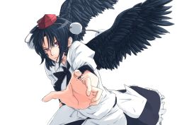 Rule 34 | 1girl, bad id, bad pixiv id, black hair, cibo (killy), female focus, hat, looking at viewer, necktie, pom pom (clothes), puffy short sleeves, puffy sleeves, red hat, serious, shameimaru aya, shirt, short sleeves, simple background, skirt, solo, tengu, tokin hat, touhou, white background, white shirt, wings