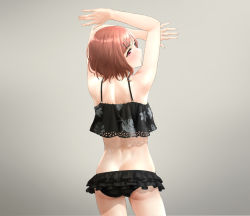 Rule 34 | 1girl, arms up, ass, back, bare shoulders, bikini, black bikini, blush, brown hair, butt crack, closed mouth, commentary request, frilled bikini, frills, from behind, hair ornament, hairclip, highres, higuchi madoka, idolmaster, idolmaster shiny colors, itteru biumu, itteru biumu, looking at viewer, looking back, red eyes, short hair, simple background, solo, standing, swimsuit