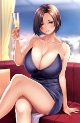 Rule 34 | 1girl, bare shoulders, blue dress, blush, breasts, brown hair, cleavage, collarbone, couch, crossed legs, cup, curtains, dress, drinking glass, highres, jewelry, large breasts, looking at viewer, mole, mole under mouth, nail polish, necklace, original, parted bangs, parted lips, purple eyes, sitting, smile, solo, takoneru, thighs, window