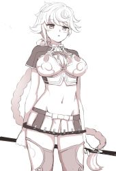 Rule 34 | 1girl, :o, asymmetrical bangs, blush, braid, braided ponytail, breasts, cleavage, cleavage cutout, clothing cutout, cloud print, greyscale, hair ornament, kantai collection, kumadano, large breasts, long hair, midriff, miniskirt, monochrome, navel, open mouth, pleated skirt, short sleeves, simple background, single braid, skirt, solo, tassel, thighhighs, unryuu (kancolle), very long hair