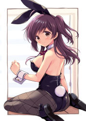 Rule 34 | 1girl, ahoge, animal ears, ass, bare shoulders, black footwear, black hairband, black leotard, black pantyhose, blush, breasts, brown eyes, closed mouth, detached collar, fake animal ears, fake tail, from behind, full body, hagikaze (kancolle), hairband, kantai collection, leotard, looking at viewer, looking back, medium breasts, neck ribbon, odawara hakone, one side up, pantyhose, playboy bunny, purple hair, purple ribbon, rabbit ears, rabbit tail, ribbon, shoe soles, sideboob, sitting, smile, solo, strapless, strapless leotard, tail, wariza, zipper pull tab