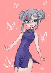Rule 34 | 1girl, 2016, :d, alternate hairstyle, artist request, bare arms, bare shoulders, black hair, blush, burn scar, china dress, chinese clothes, cowboy shot, dated, dorei to no seikatsu ~teaching feeling~, double bun, dress, hair between eyes, hair ornament, hairclip, highres, looking at viewer, open mouth, pink background, purple dress, purple eyes, scar, short dress, side slit, sleeveless, sleeveless dress, smile, solo, sylvie (dorei to no seikatsu)