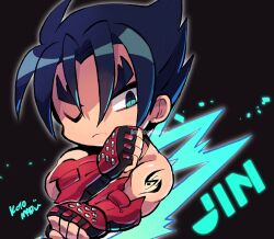 Rule 34 | 1boy, black hair, blue eyes, character name, clenched hand, closed mouth, frown, gloves, kazama jin, kotorai, looking to the side, male focus, no nose, one eye closed, red gloves, short hair, shoulder tattoo, signature, solo, tattoo, tekken, thick eyebrows, v-shaped eyebrows